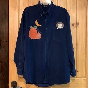 🍁BASIC SS BLUE CORDURORY FALL THEME SHIRT SZ L